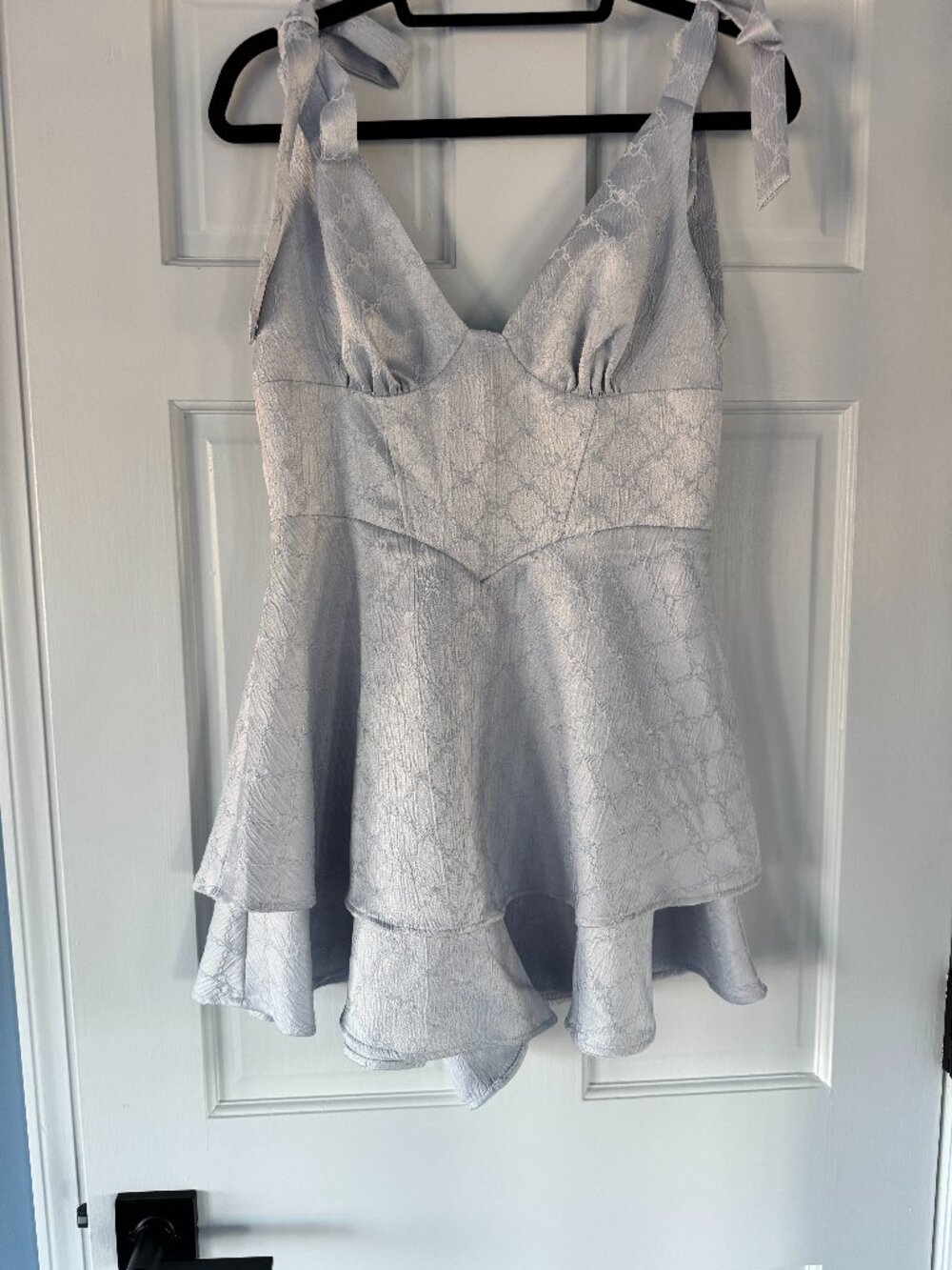 NWT Fashion Nova Sweet Girl Era Romper Light Blue Lace Tie Strap Flowy Size M